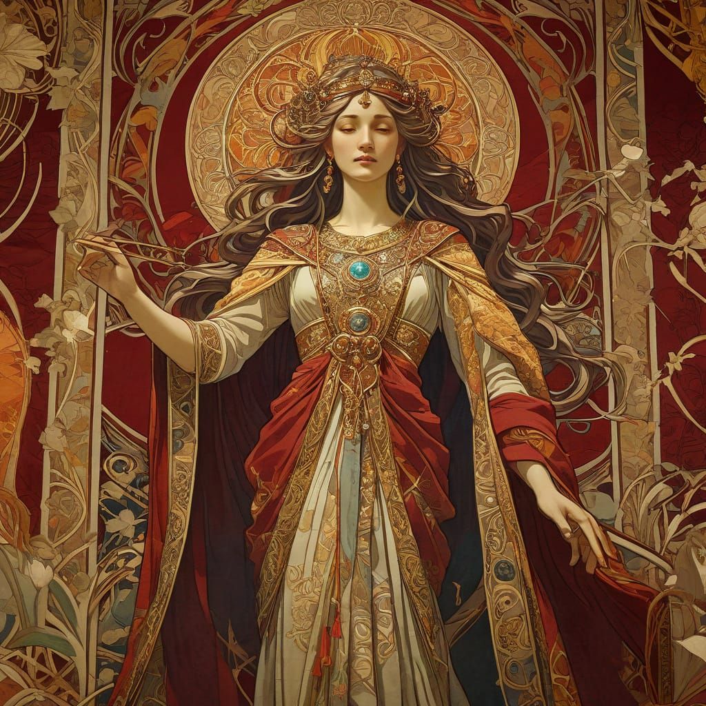Goddess Queen Weaves Opulent Tapestries in Alphonse Mucha St...