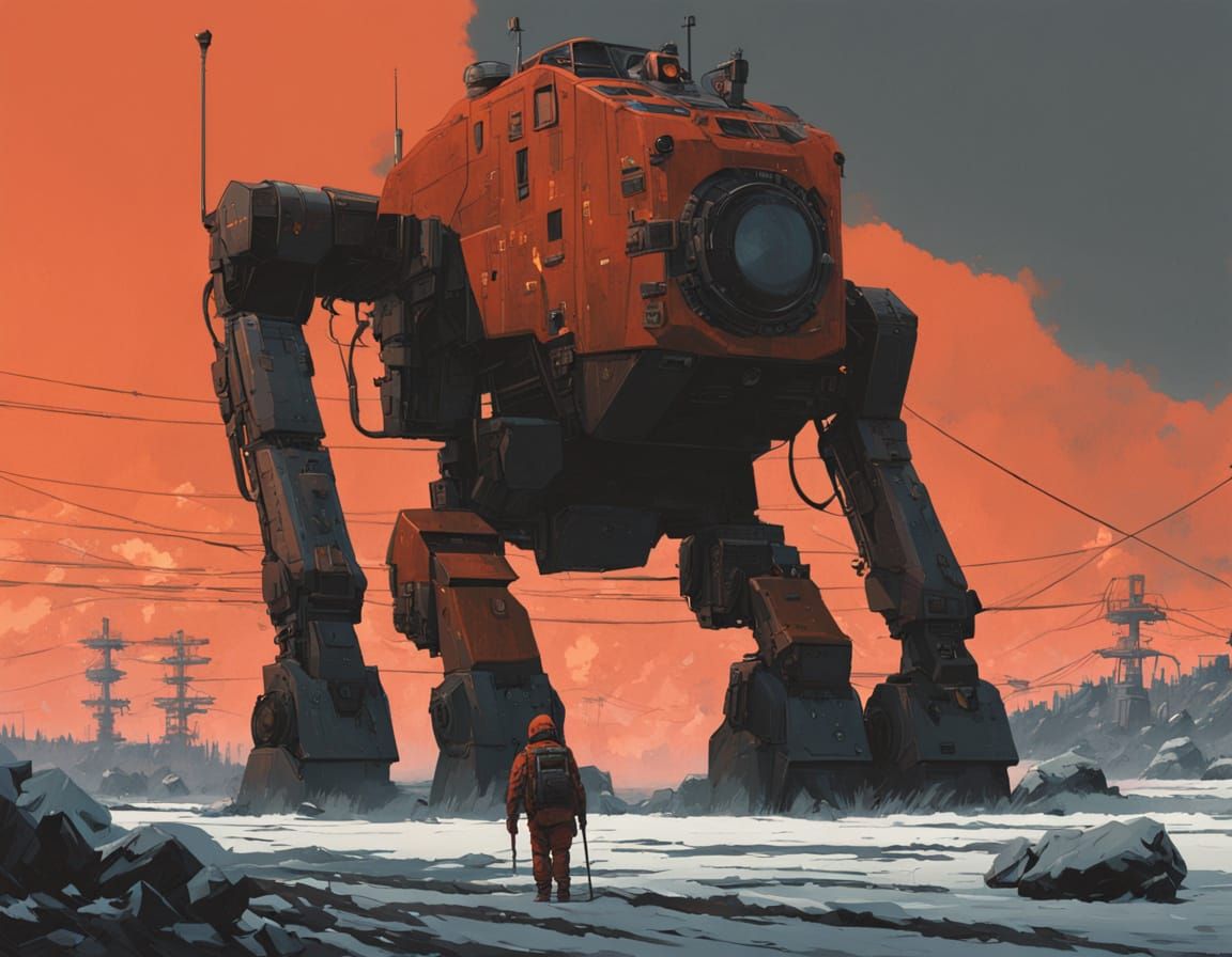 Cybernetic Mech Dominates a War-Torn Battlefield in Reddish-...