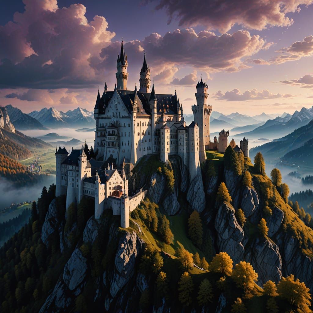 Neuschwanstein Castle in Alps Winter Storm, Cinematic View