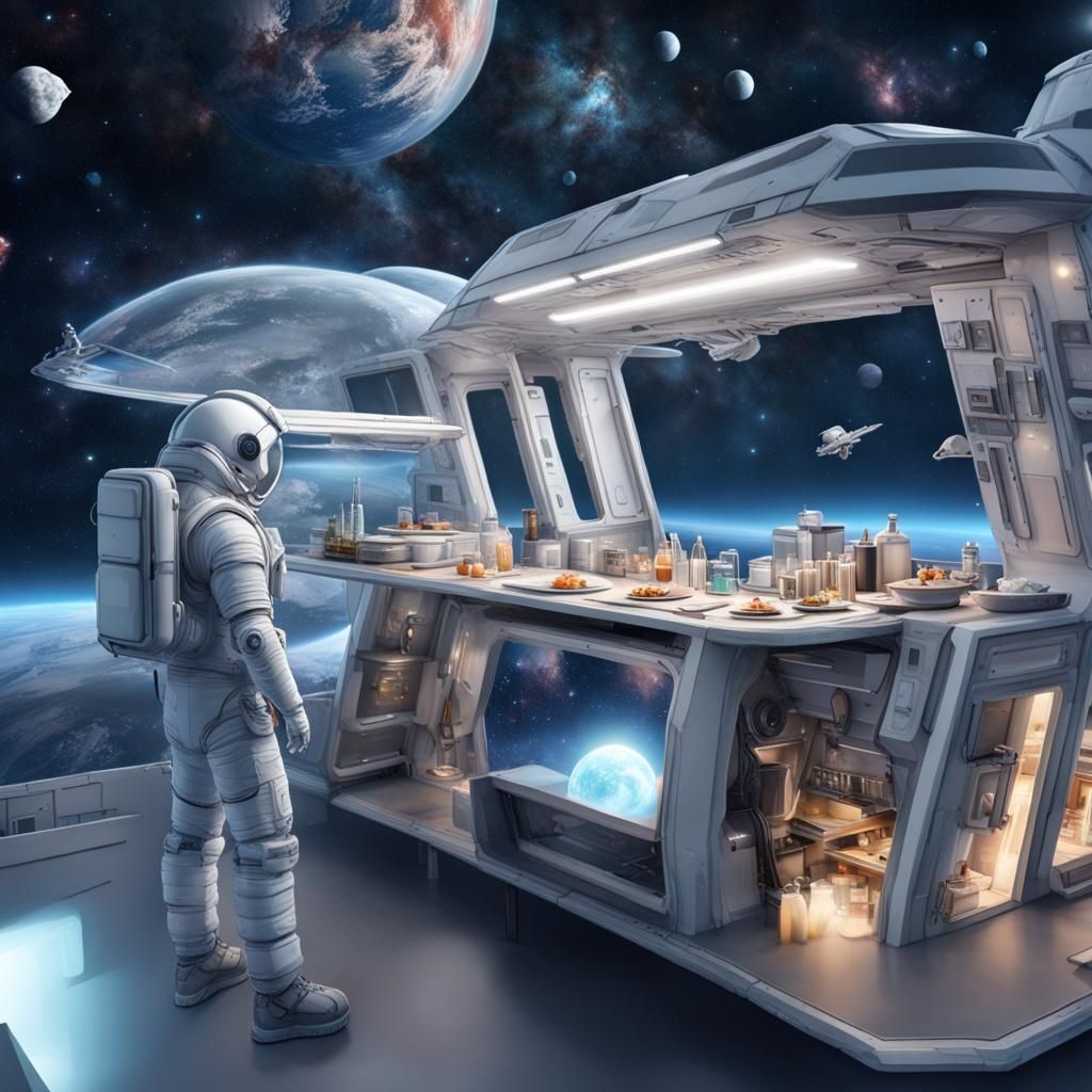 Futuristic Food Truck in Space with Alien Vendor