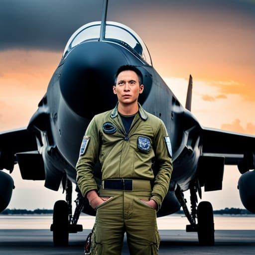 Air Force Pilot with Fighter Aircraft in War Photography Sty...