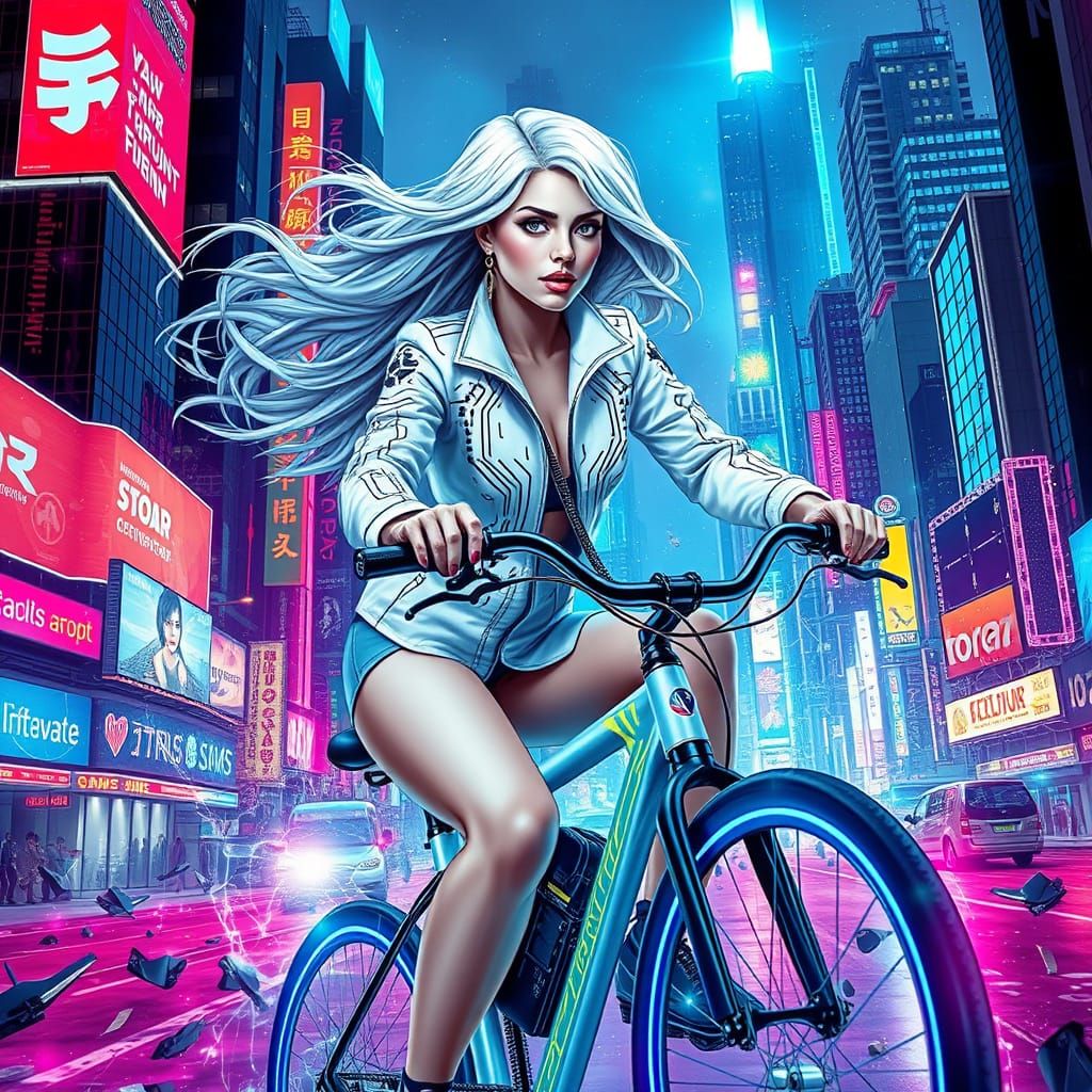 Cyberpunk Goddess Rides Glowing Bicycle Through Neon City