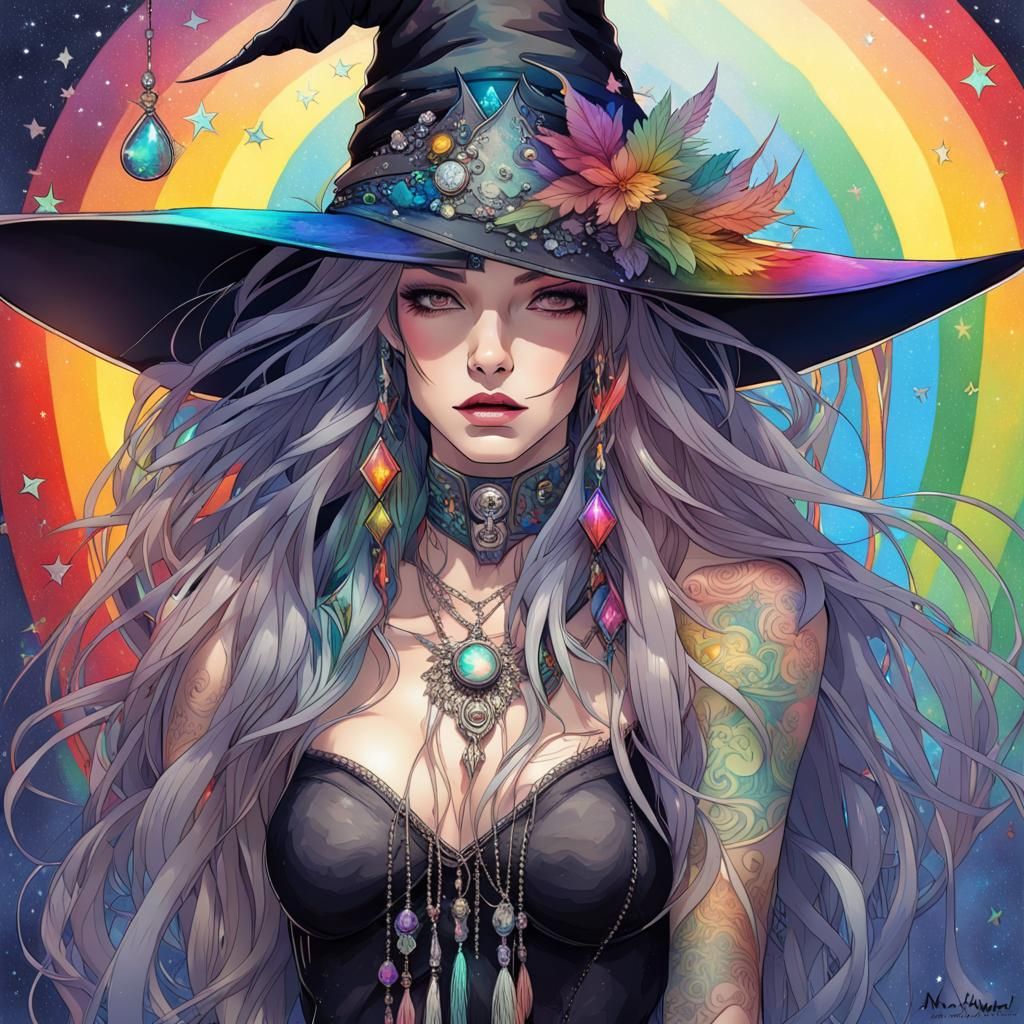 Rainbow Witch with Tattoos in Gritty Fantasy Style