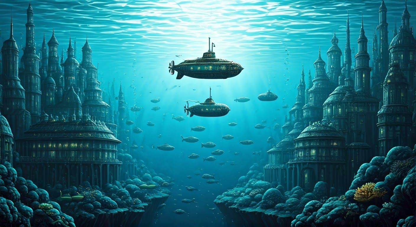 Steampunk City on Ocean Floor as Impasto Painting