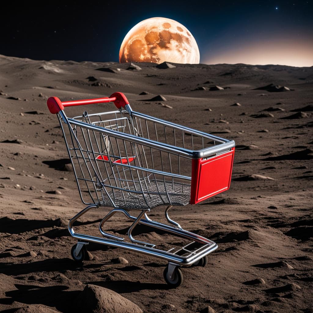Empty Shopping trolley discarded on the moon with the full Earth in the sky. Professional photography, natural lighting,...
