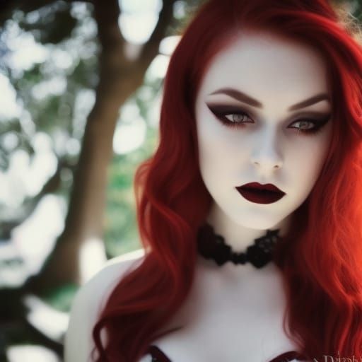 Ethereal gothic young lady with crimson red hair& Emerald green eyes& Burgundy red eyeshadow beautifully done& Winged bl...