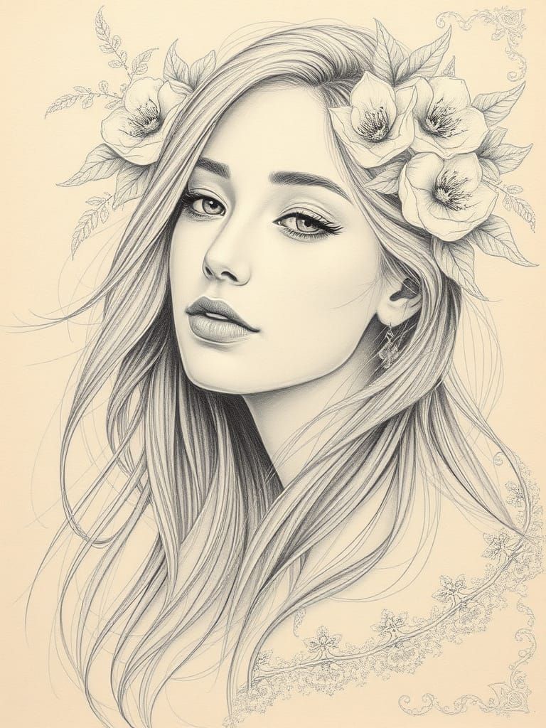Ethereal Silverpoint Portrait with Long Ombré Hair and Flora...
