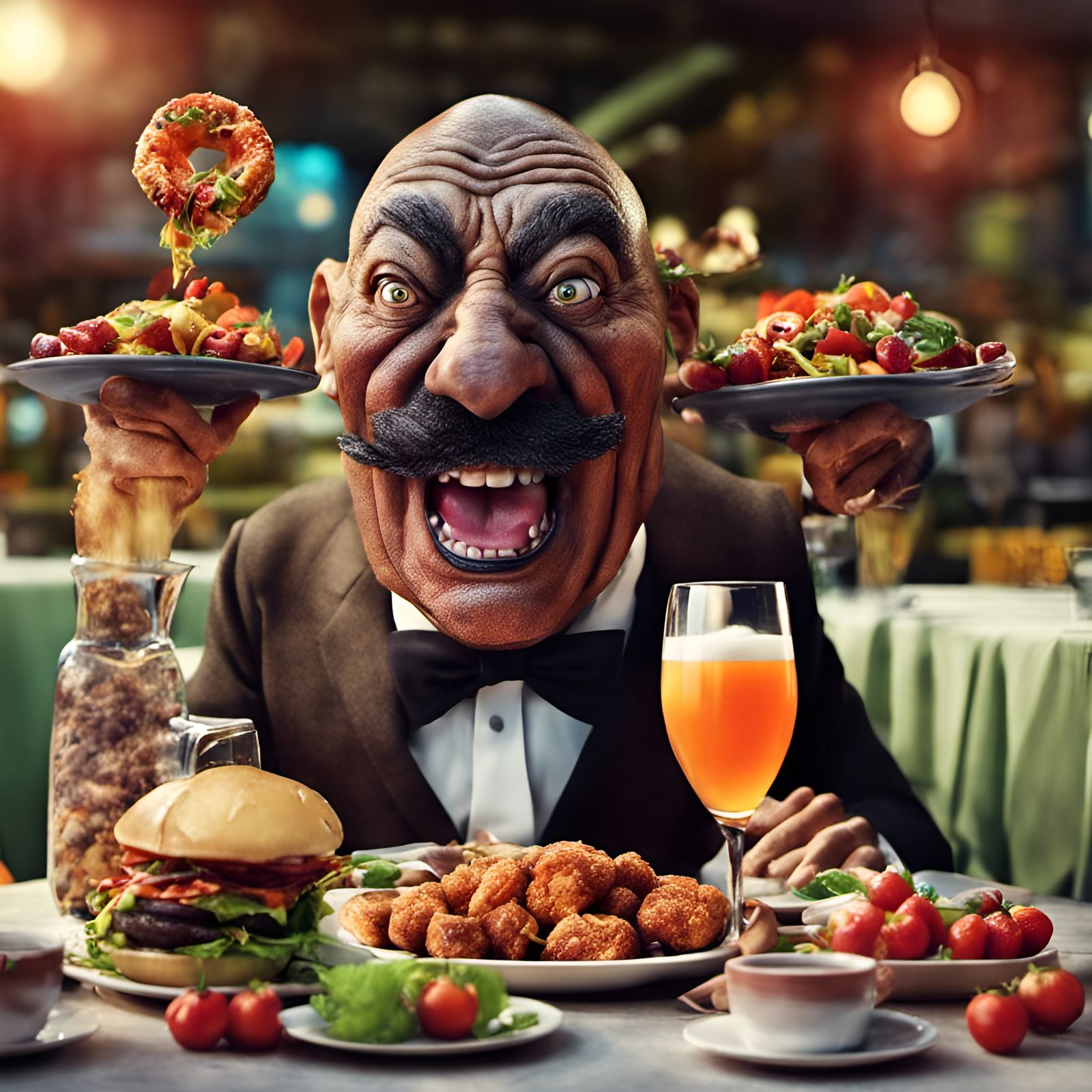 Colorful Man Feasting in Bizarre Alien Bistro