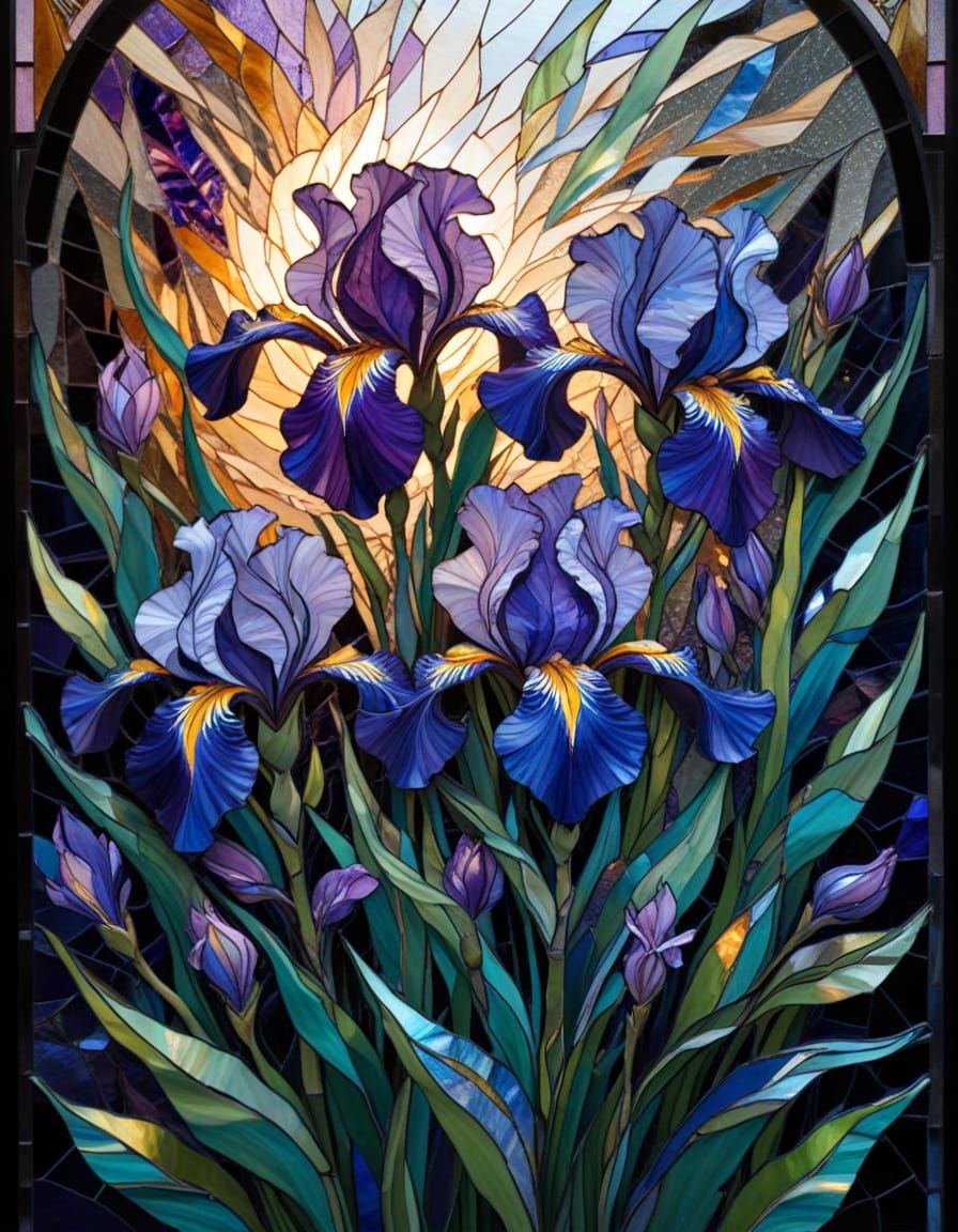 Mythical Irises in Glowing Stained Glass Shards