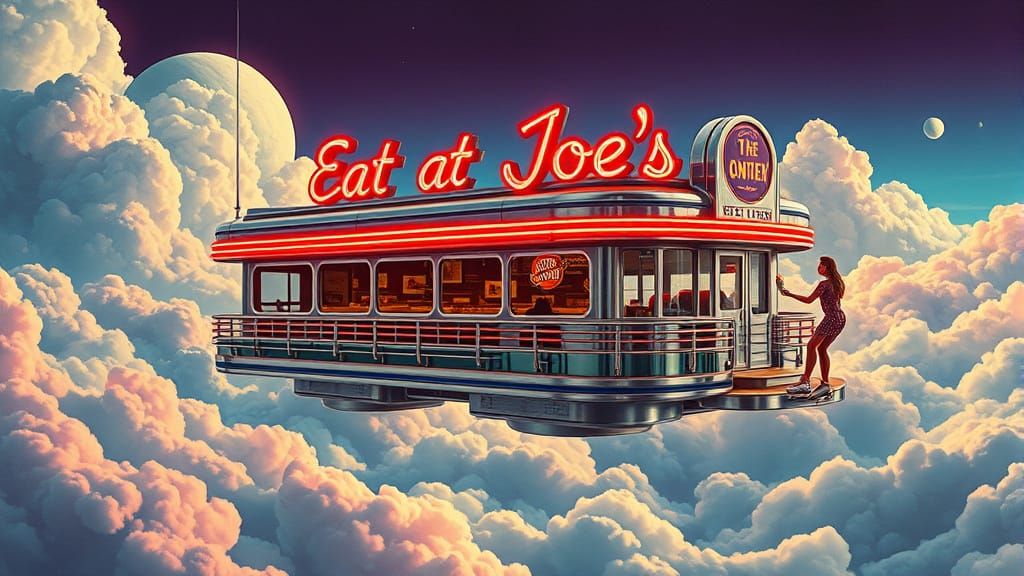 Art Deco Diner Floats in Clouds with Hover-Skate Waitresses