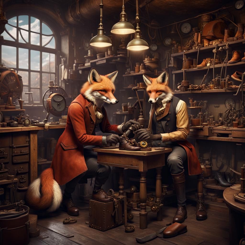Foxes in Steampunk Shoemaker's Workshop