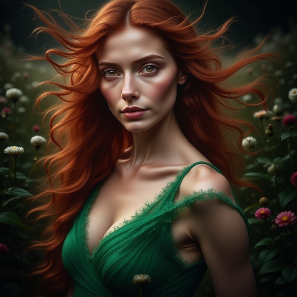 Hyperrealistic Portrait of a Woman in Emerald Green Dress