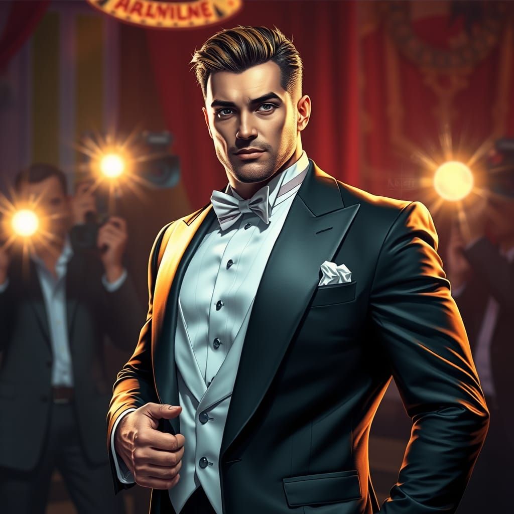 Beefcake in Confident Hyperrealistic Tuxedo Splash Art