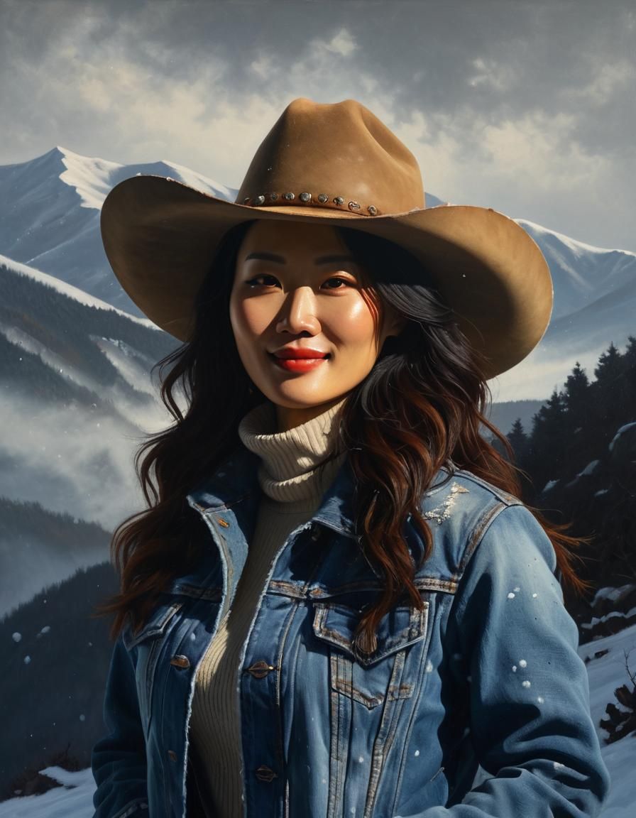 Korean Woman in Cowboy Hat, Chiaroscuro Oil Painting