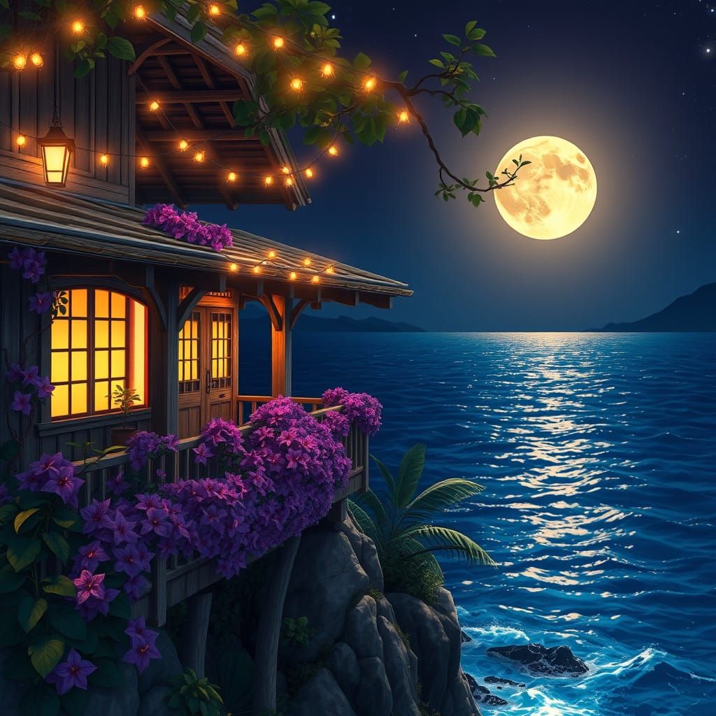 Surreal Dream Cottage on Moonlit Cliff