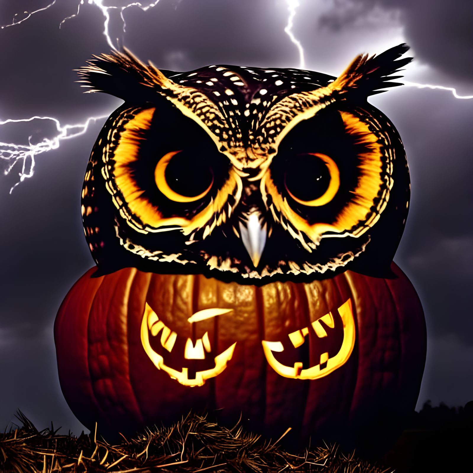 Pumpkin Owl Portrait in Lightning Storm, Halloween Night