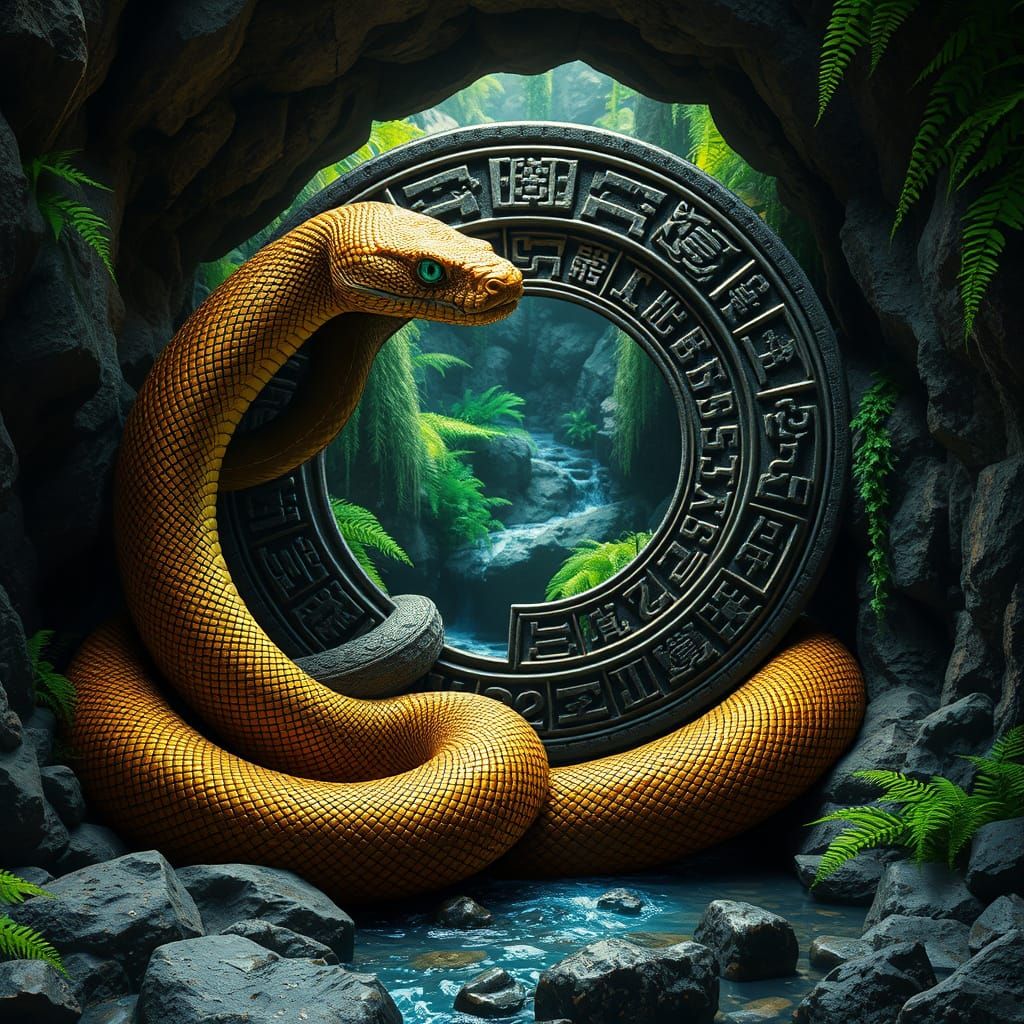 Hyper-Realistic Golden Snake in Ancient Mayan Cave