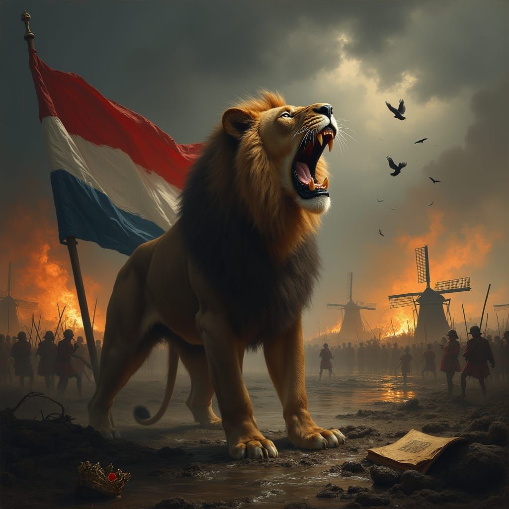Wounded Dutch Lion in Baroque Battlefield