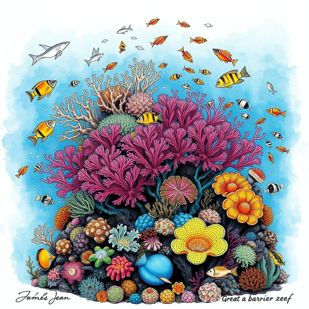 Great Barrier Reef: Ink Illustration in James Jean Style