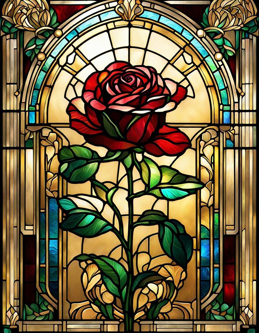 Art Deco Stained Glass Rose Window in Vibrant Colors