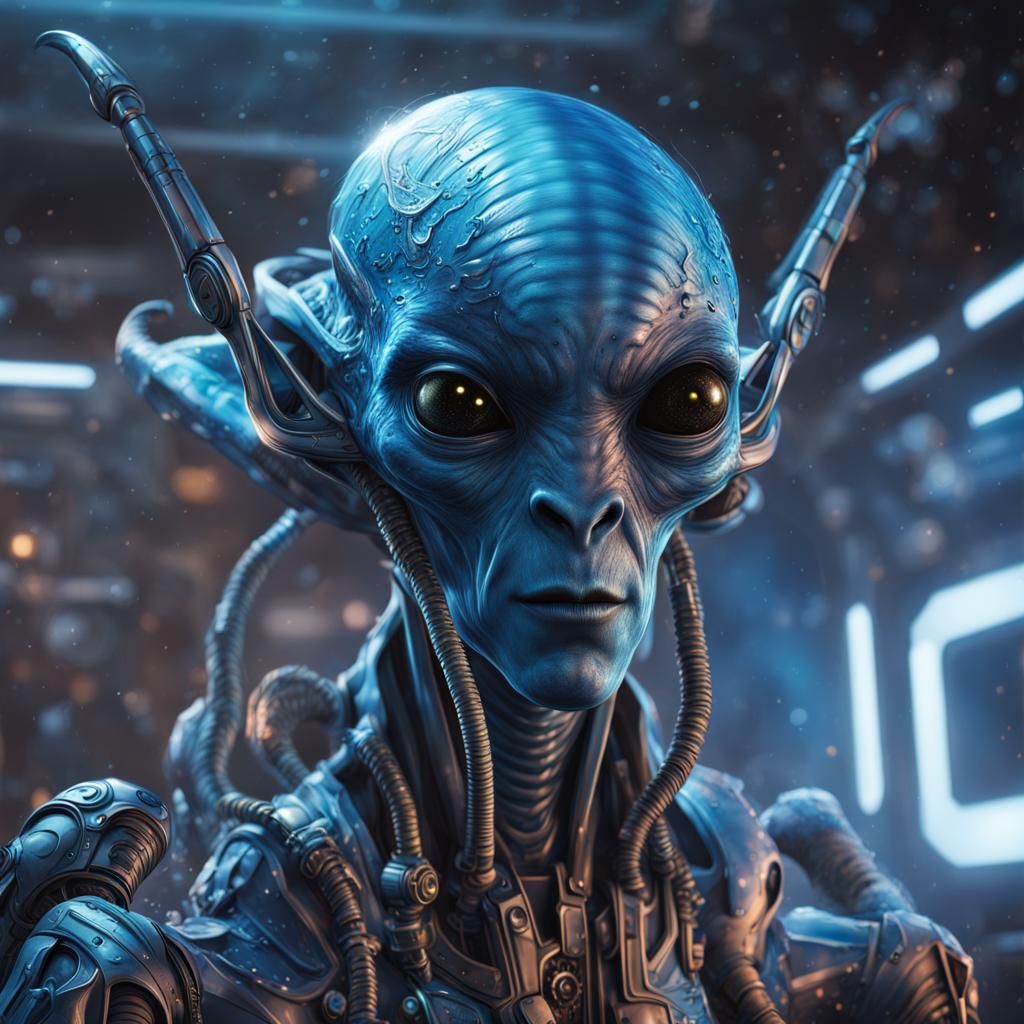 Blue Aliens in Spacecraft Interior: Hyperrealistic Concept A...