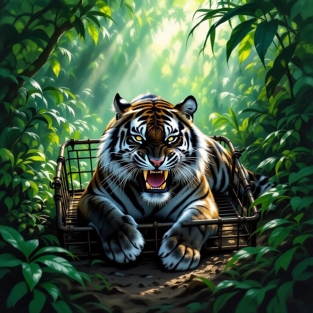 Black Tiger in Pain Caught in Trap in Rainforest