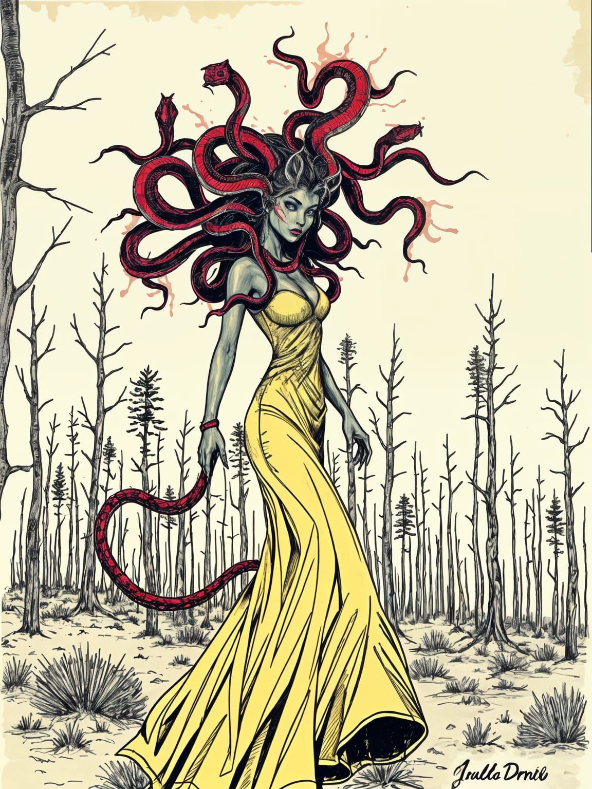 Medusa in Flowing Gown: Scratchy Ink and Charcoal Sketch
