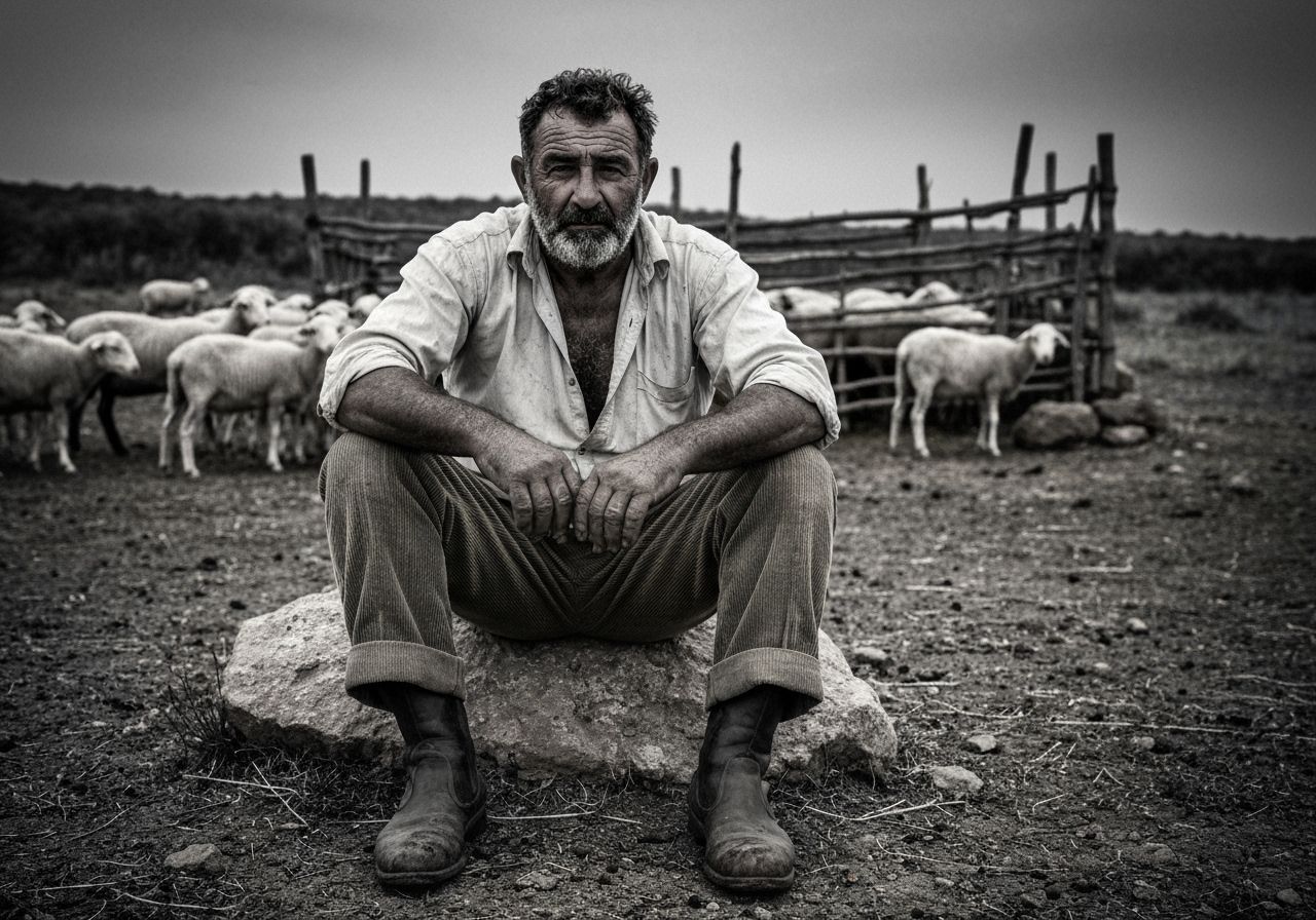 Monochrome Portrait of Sardinian Shepherd with Sheep