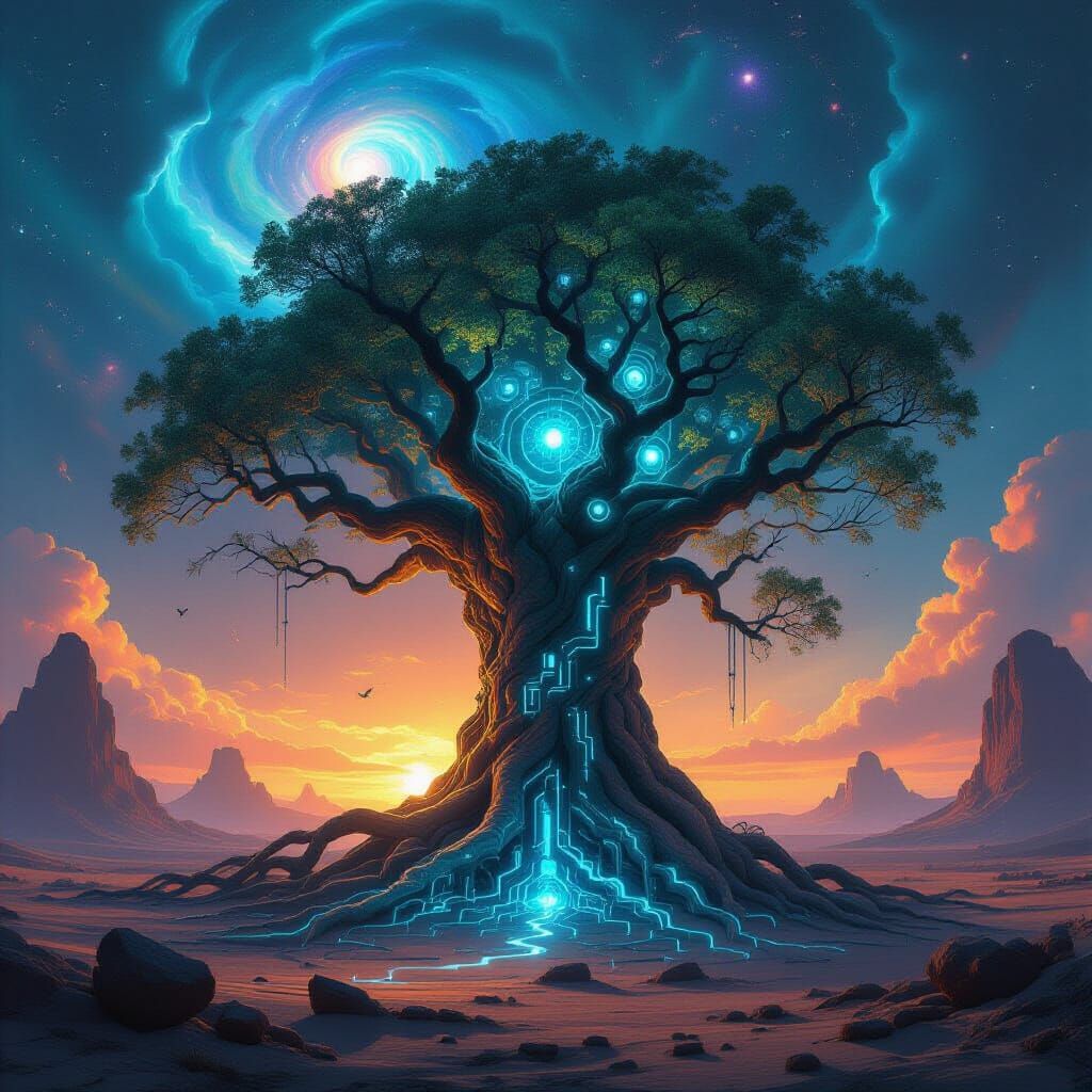Ancient Tree with Circuit Roots on Alien Planet in Concept A...