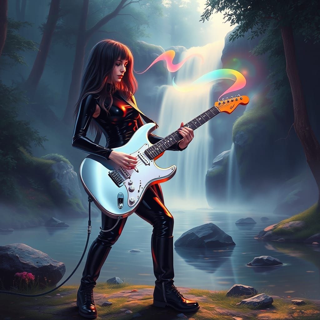 Cyberpunk Guitarist in Misty Forest Digital Painting