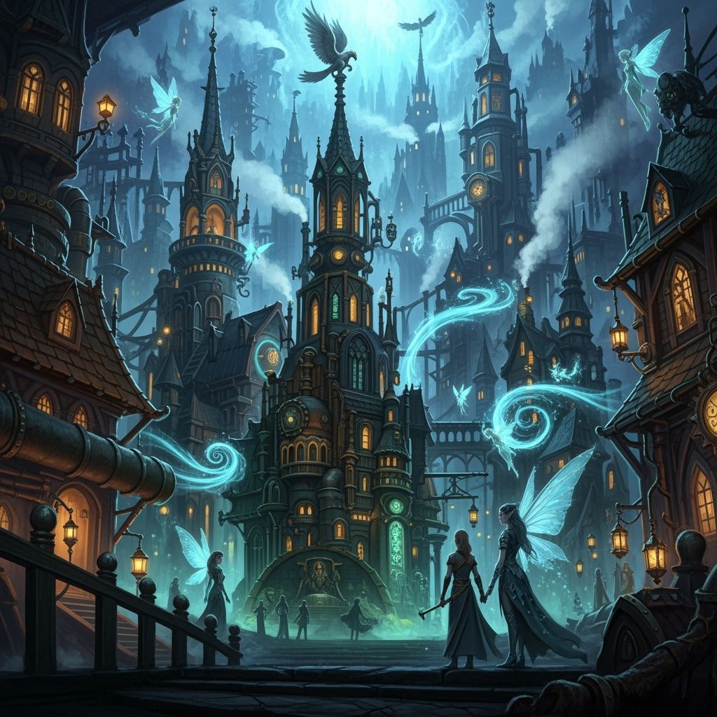 Ethereal Aether-Punk Gothic Cityscape with Magic