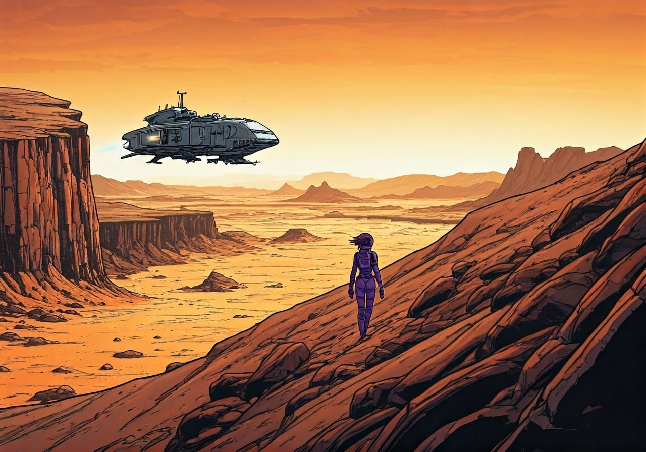 Desert Planet Sunset: Woman Approaches Gritty Spaceship