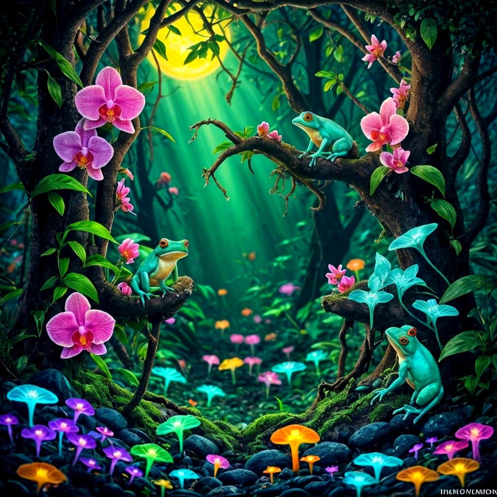 Vibrant Jungle Scene with Bioluminescent Orchids and Tree Fr...