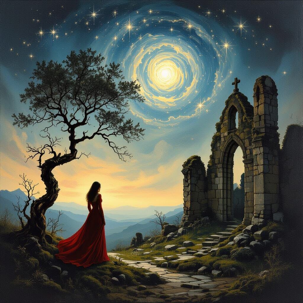 Ethereal Woman in Red Amidst Ruined Church