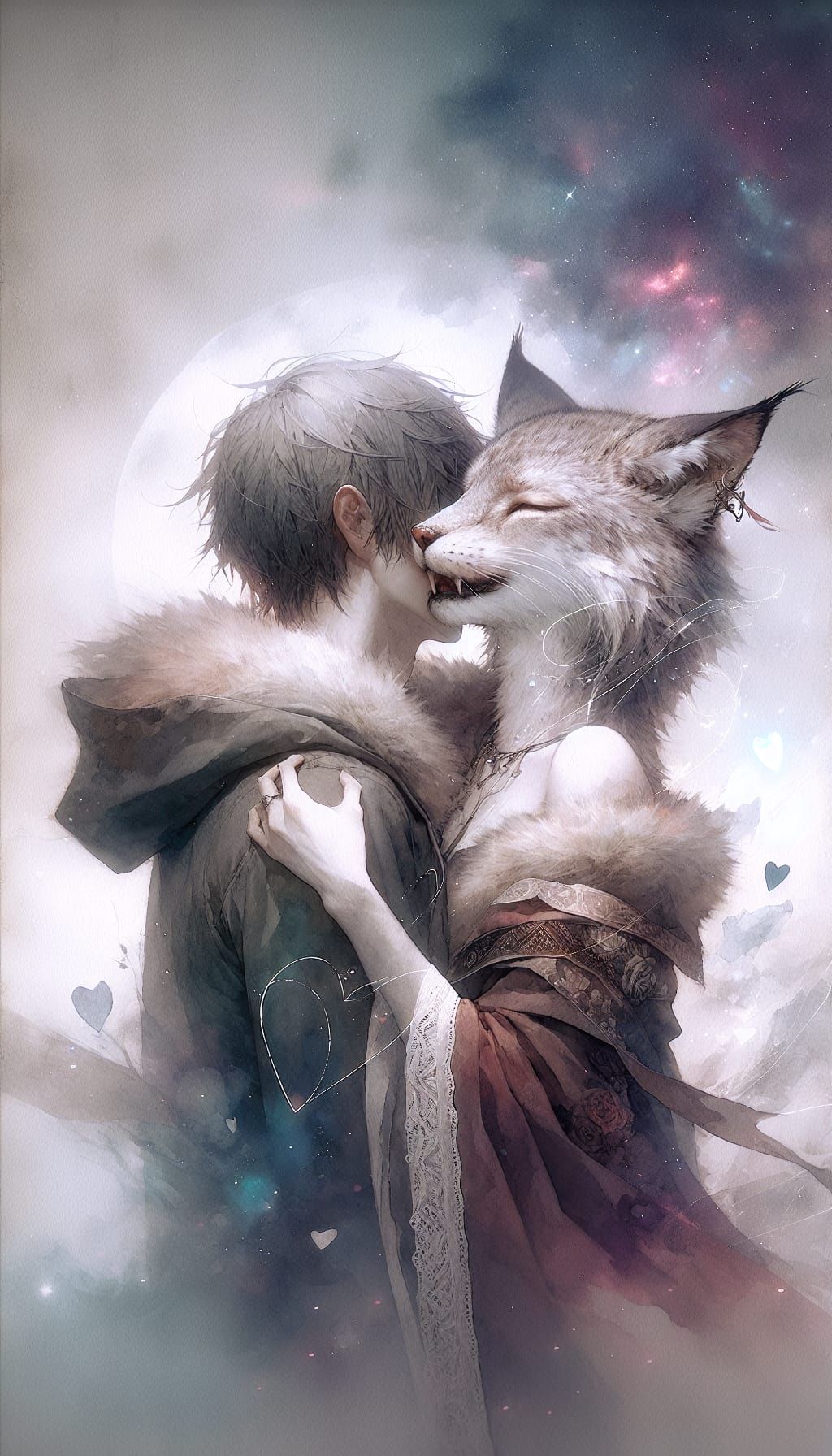 Hyperrealistic Anime Portrait of a Lynx and Her Lover in Dre...