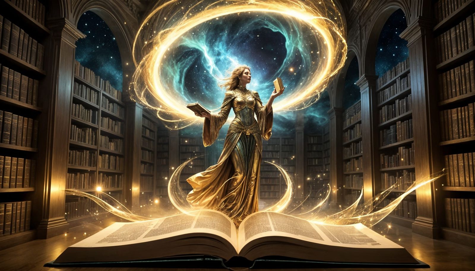 Celestial Library with Cosmic Librarian in Dreamlike Style