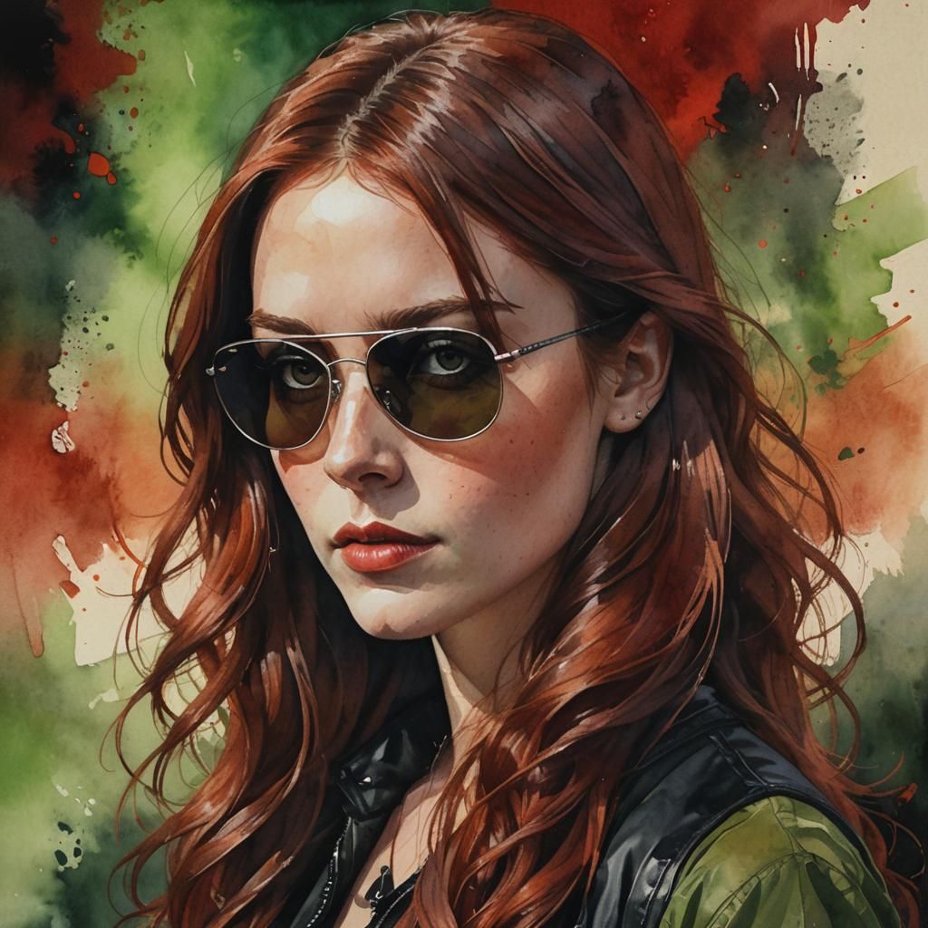 Watercolor Portrait of Woman with Aviator Sunglasses