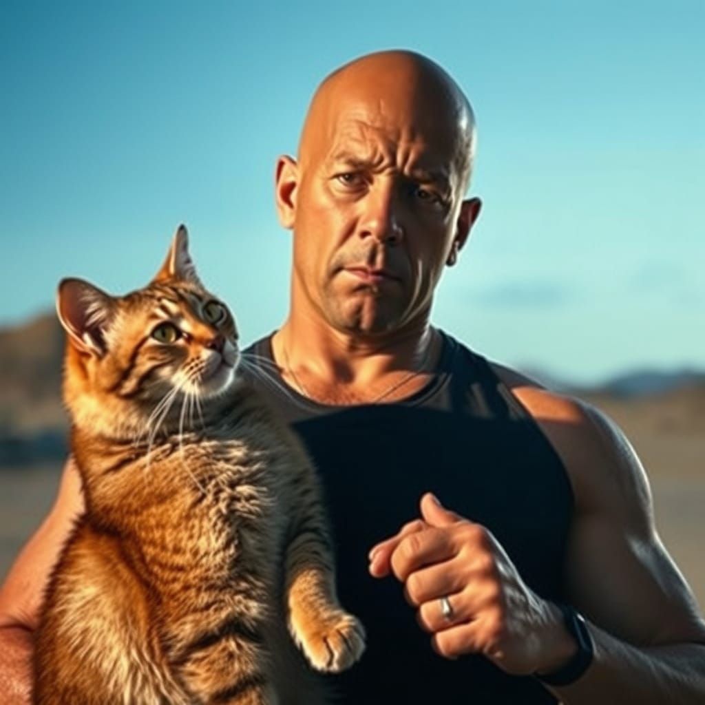 Vin Diesel Tenderly Petting a Cat in a Dramatic Pose