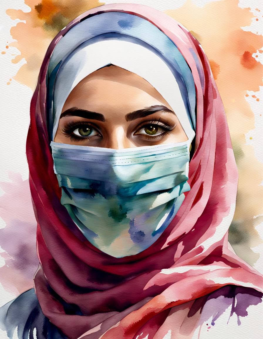Beautiful Hijabi Woman Portrait in Watercolor Style