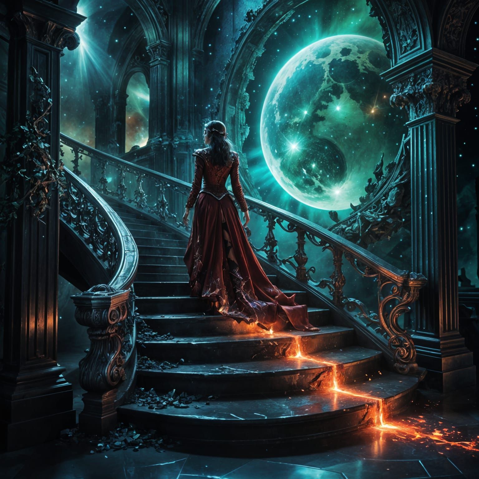 Celestial Surrealism: Scarlet Figure on Moon of Mirrors