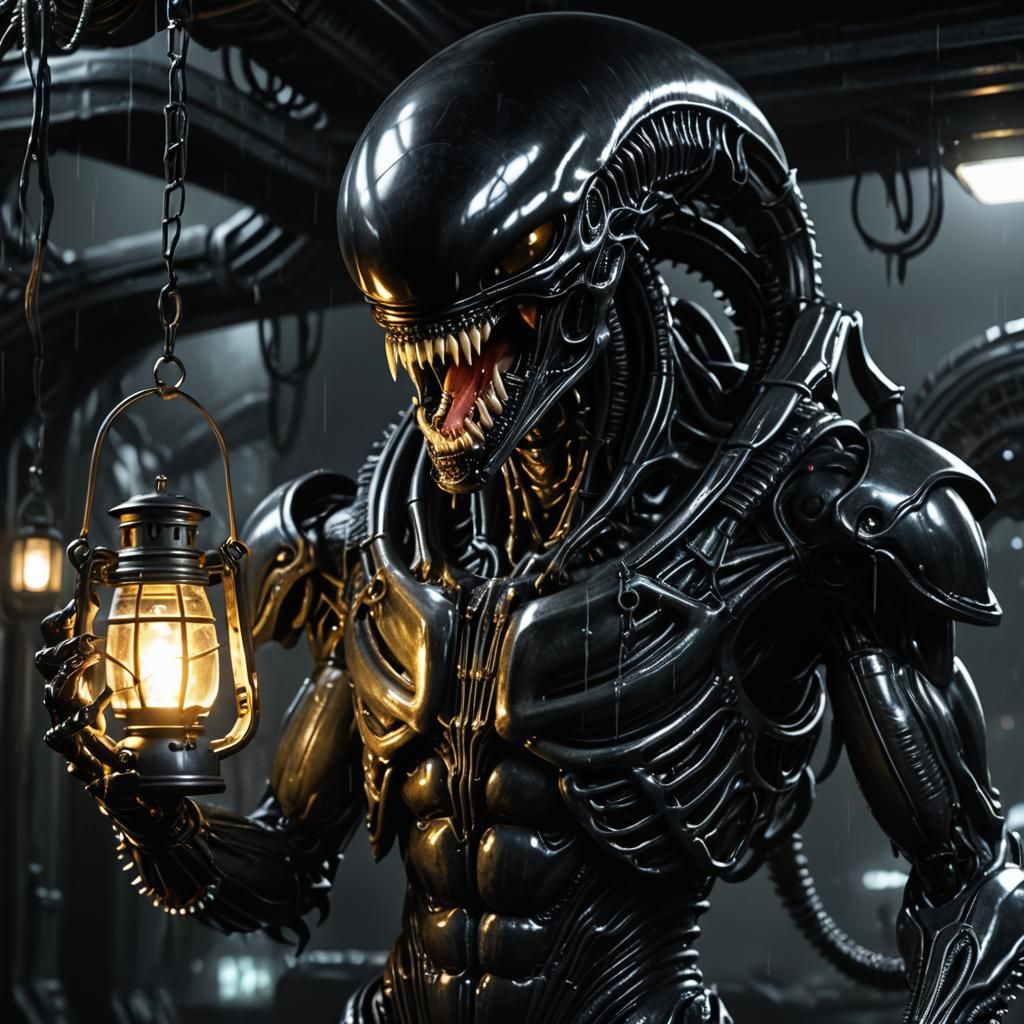 Intimidating Xenomorph Holds Glistening Lantern