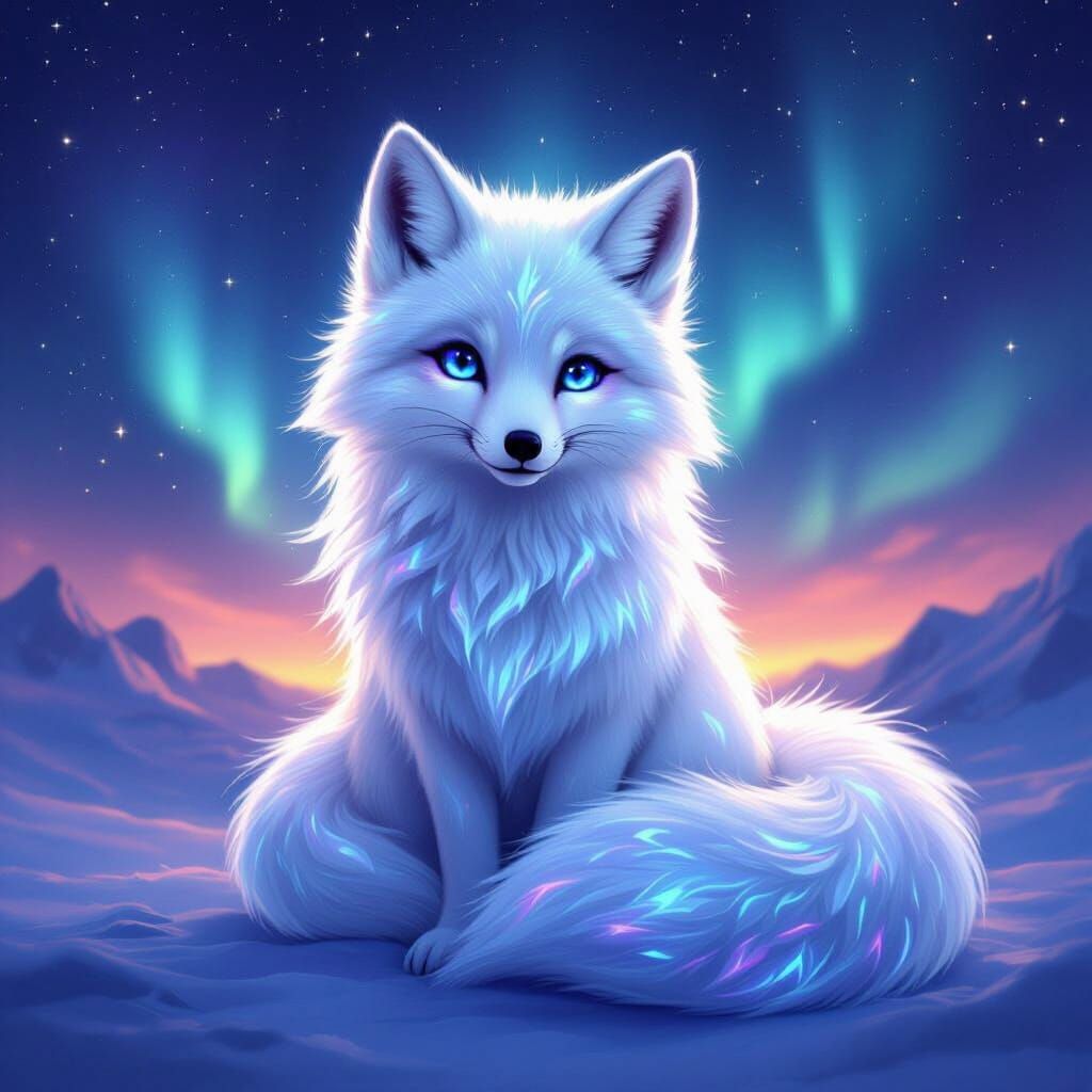 Mystical Arctic Fox with Glowing Tail in Aurora Sky