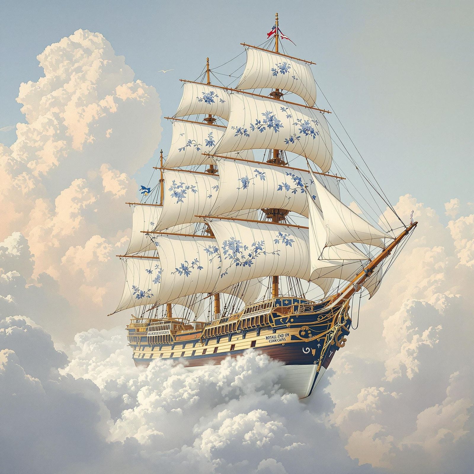 Ethereal Cloudship with Chinoiserie Accents in Soft Pastel H...