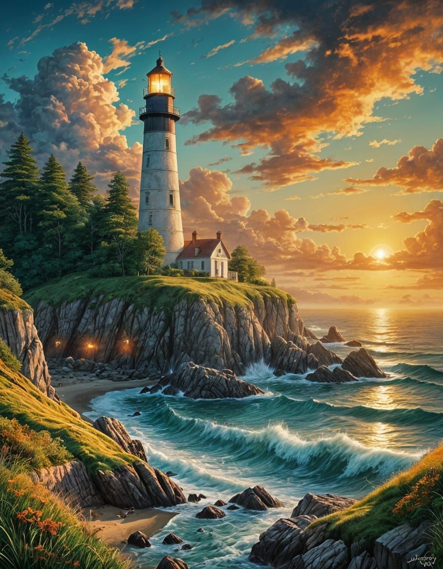 Golden Hour Lighthouse Overlooking Serene Beach