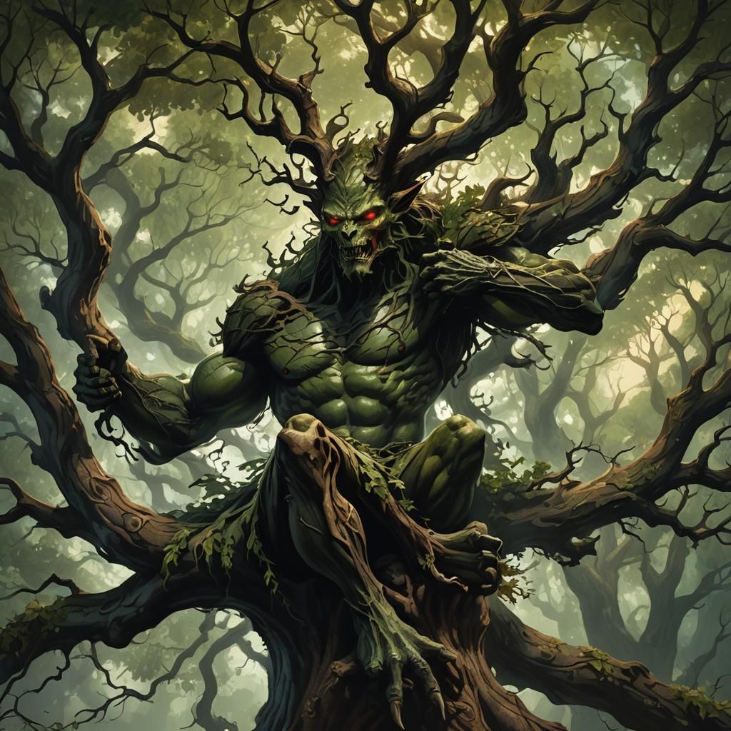 Demon in Oak Tree: Dark Fantasy Digital Art