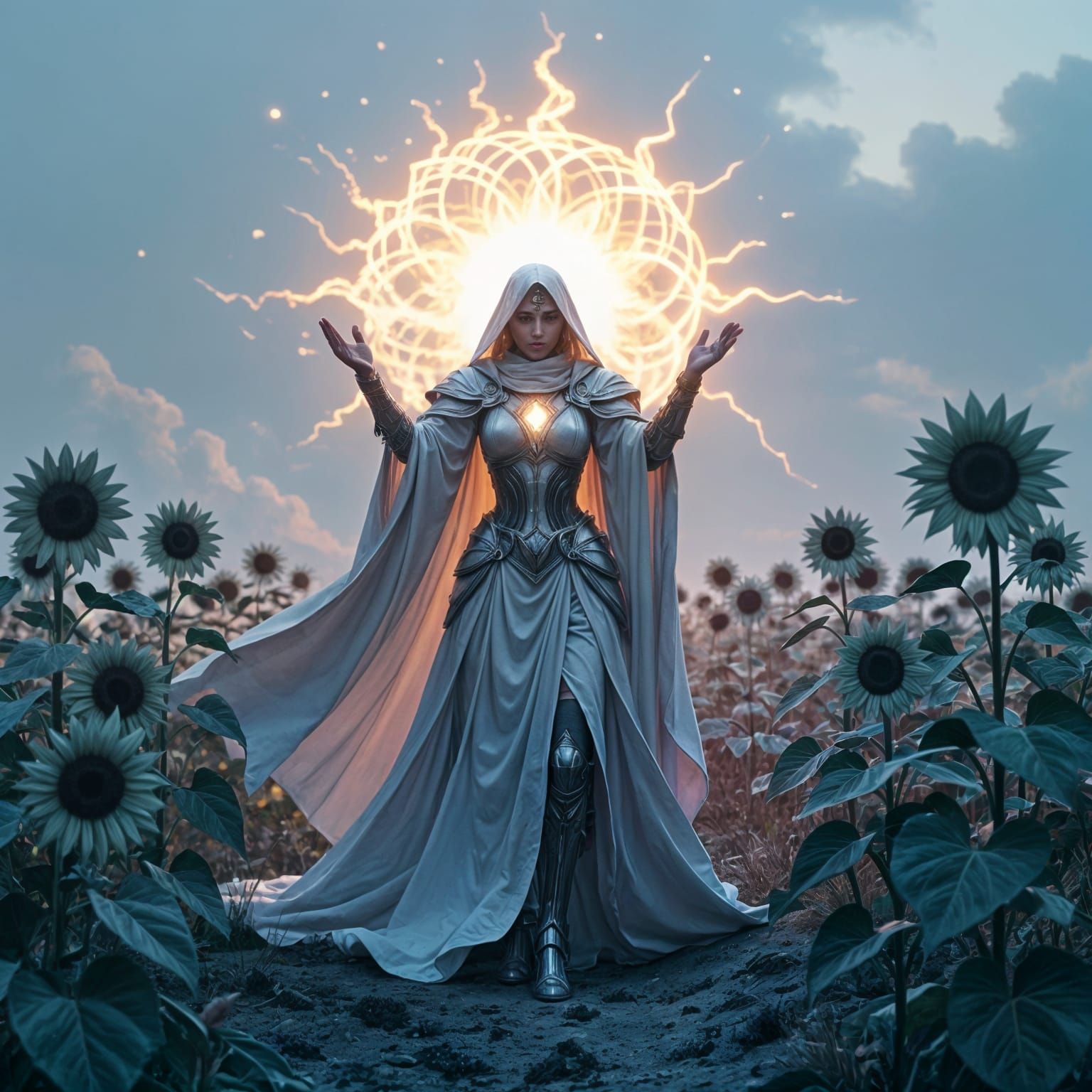 High-Tech Priestess Heals Dying Sunflowers in Dramatic Style