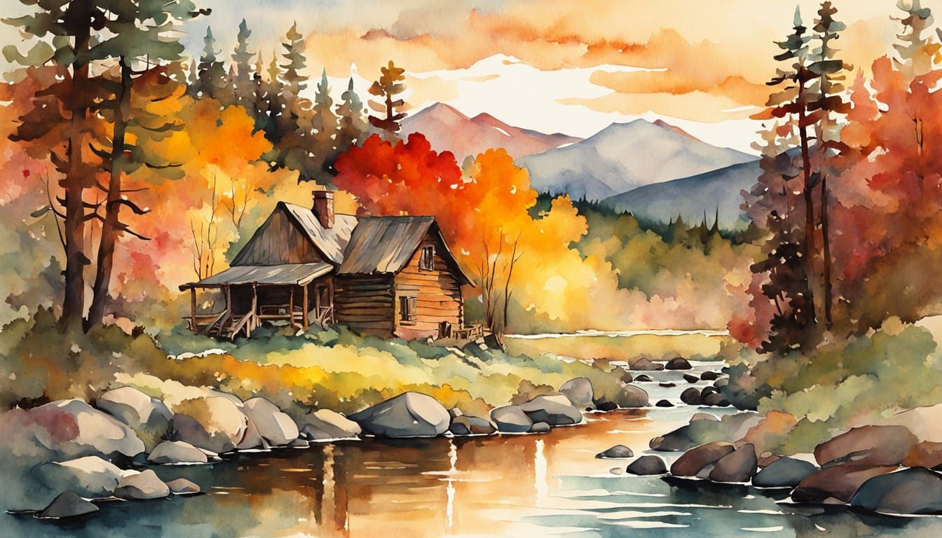 Cabin by Mountain Stream in Watercolor Style