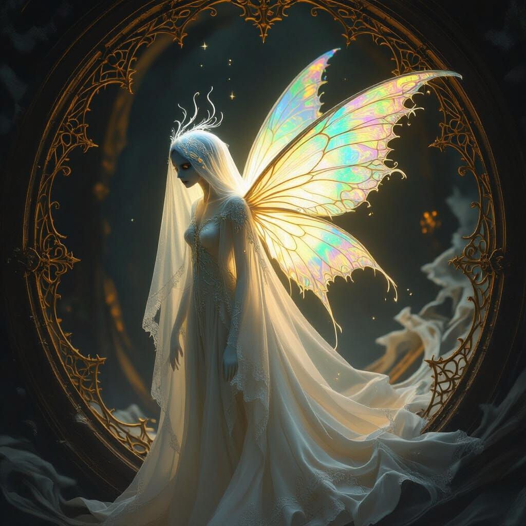 Ethereal Glowing Creature in Gothic Lace Surroundings