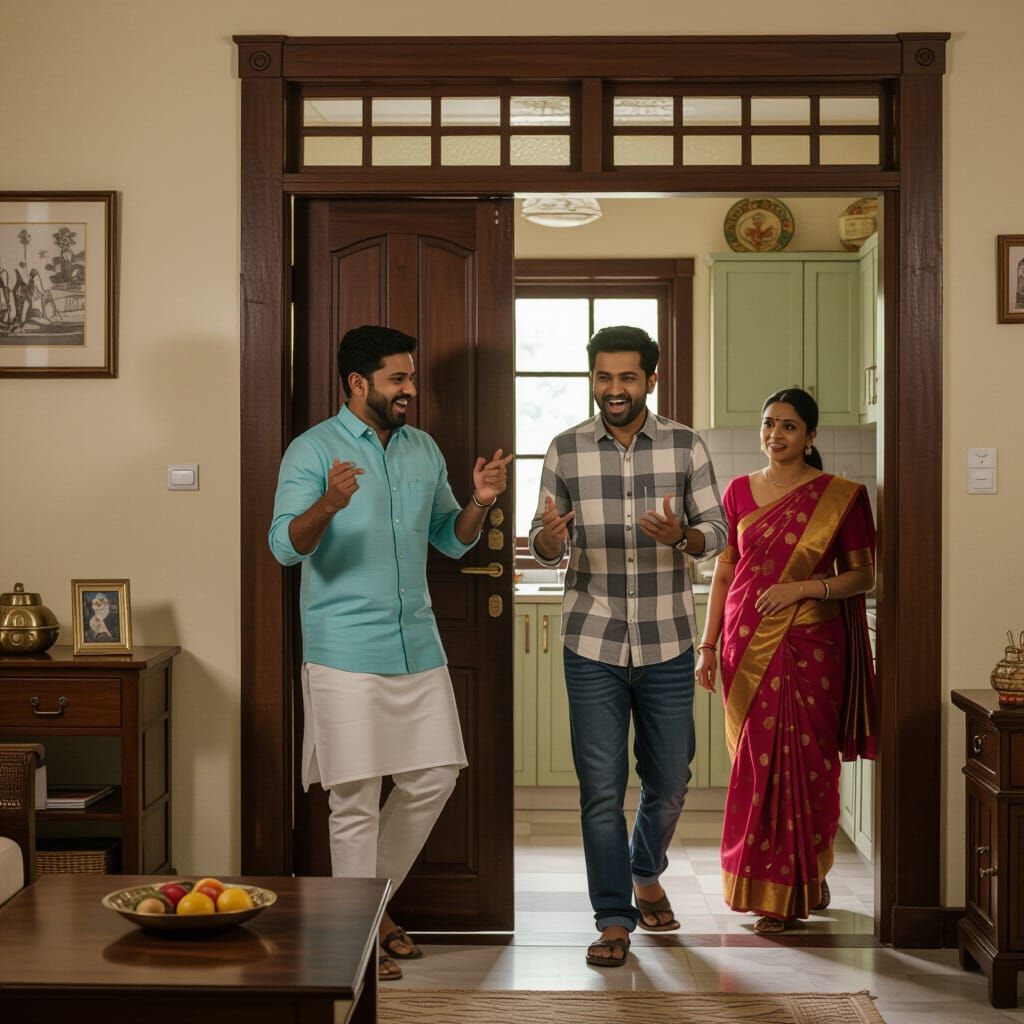 South Indian Living Room Scene: Friendship and Decorum