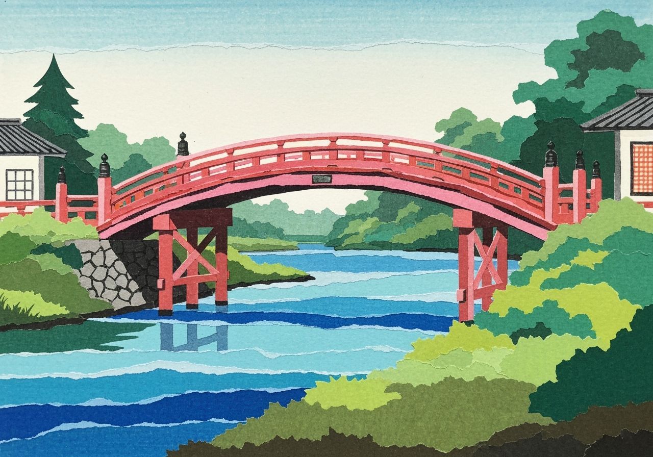 Japanese Bridge Paper Collage in Ukiyo-e Style